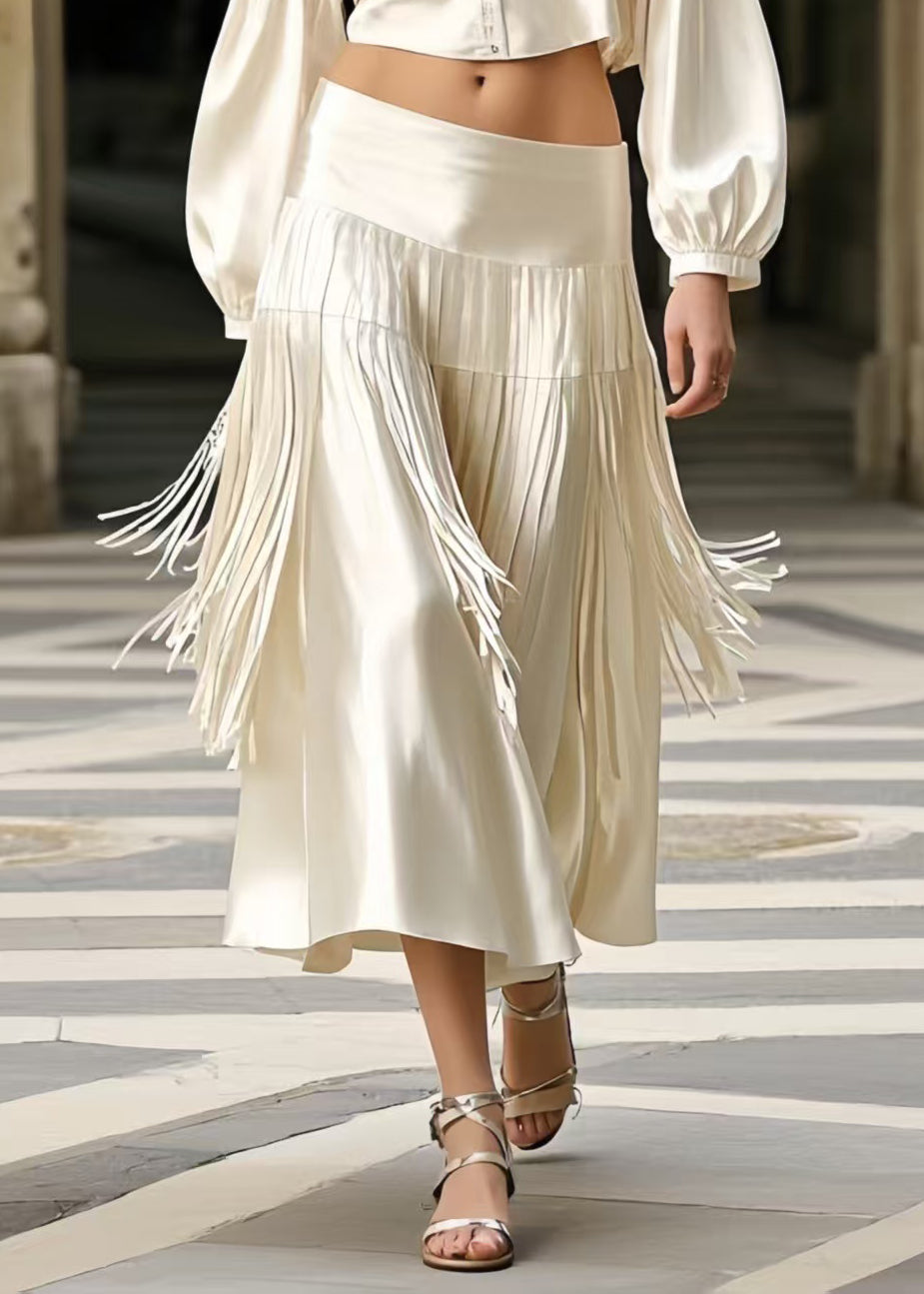 French White Tasseled Draping Silk Two Pieces Set Spring