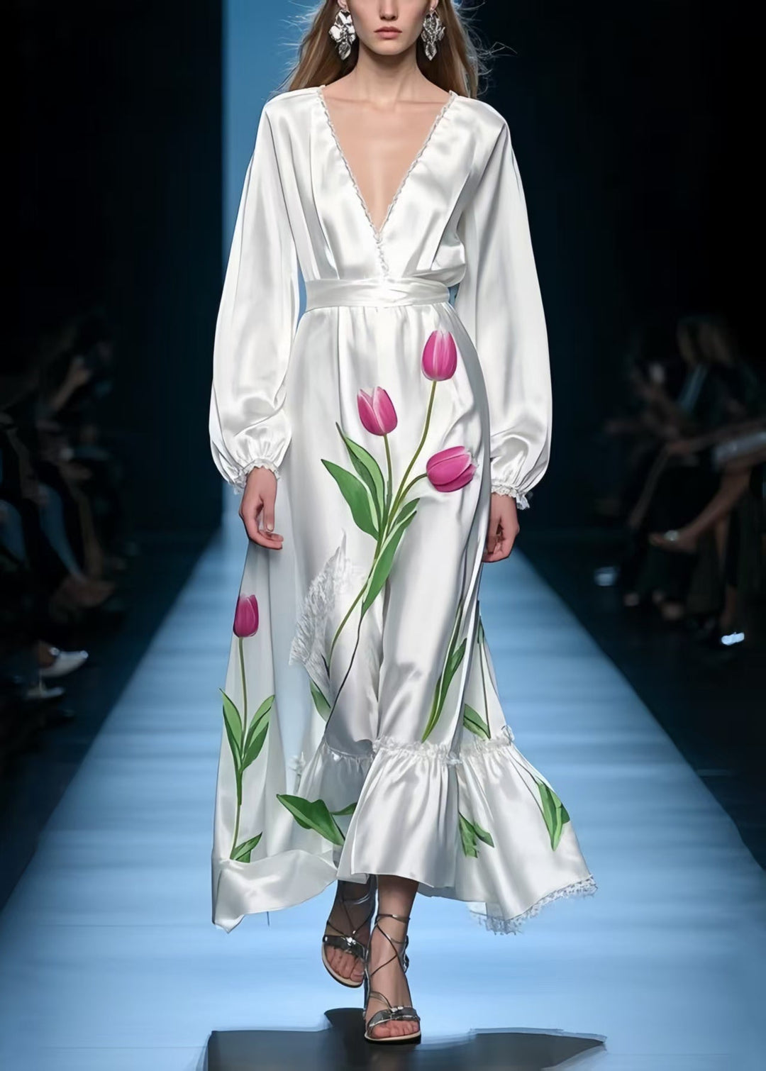 French White V Neck Floral Silk Holiday Dress Spring