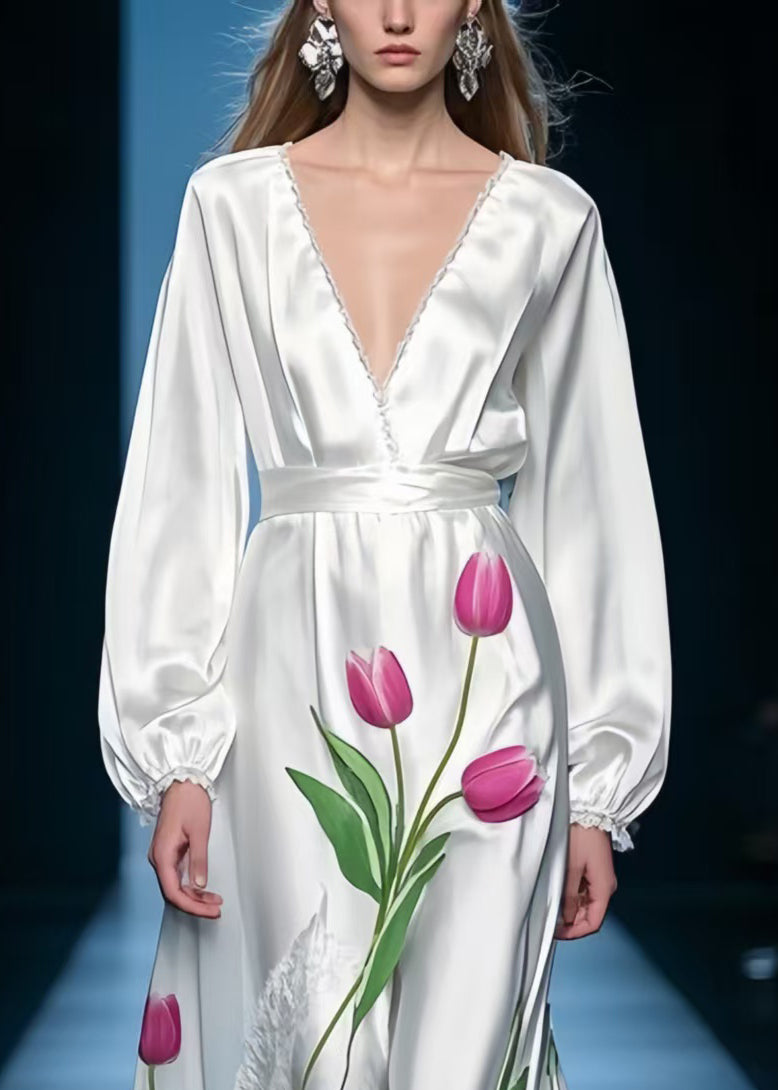 French White V Neck Floral Silk Holiday Dress Spring