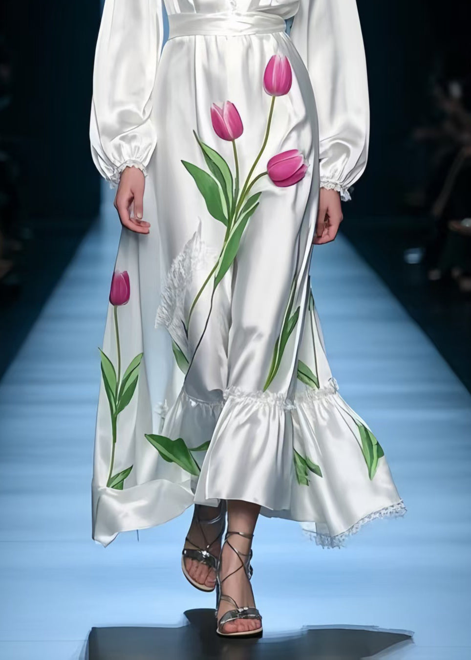 French White V Neck Floral Silk Holiday Dress Spring