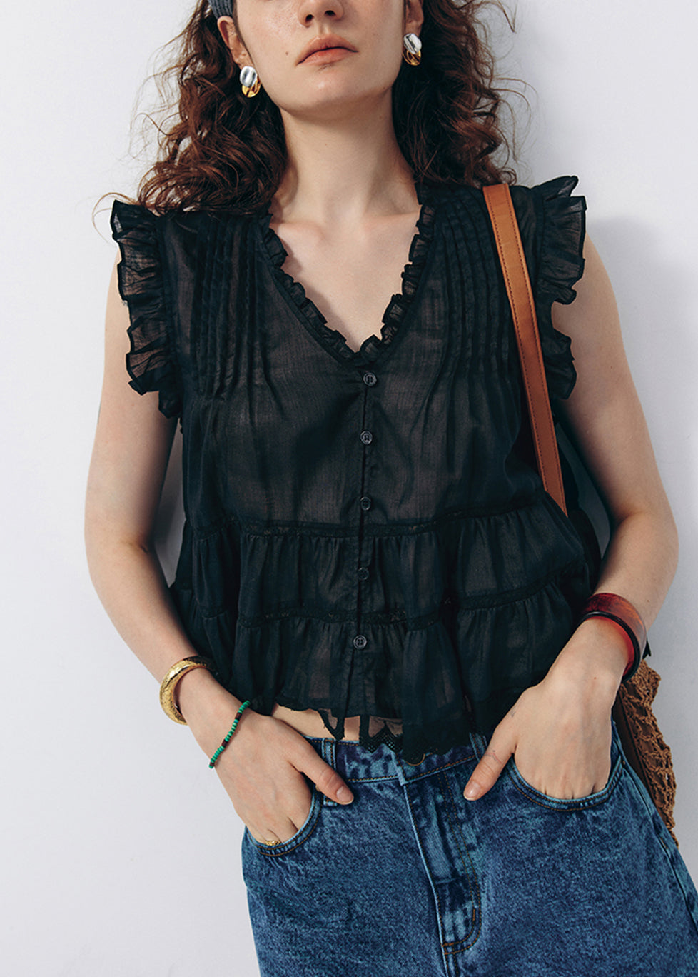 French White V Neck Ruffled Linen Blouse Top Summer