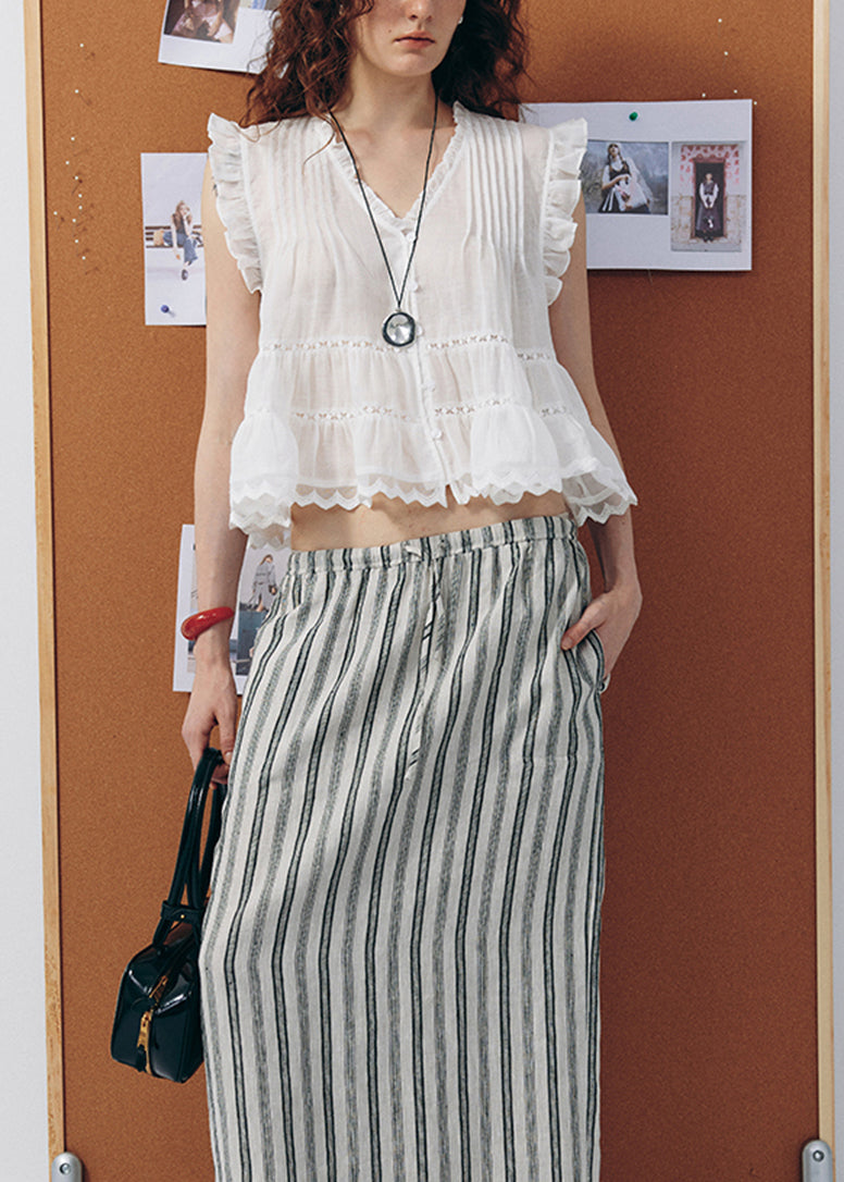 French White V Neck Ruffled Linen Blouse Top Summer
