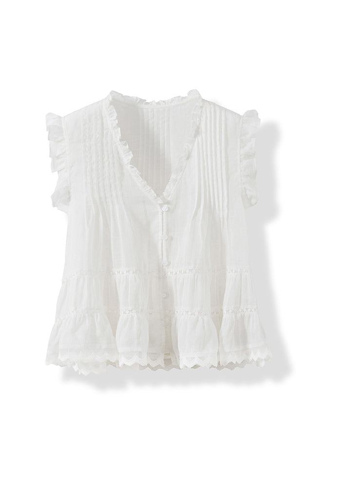 French White V Neck Ruffled Linen Blouse Top Summer