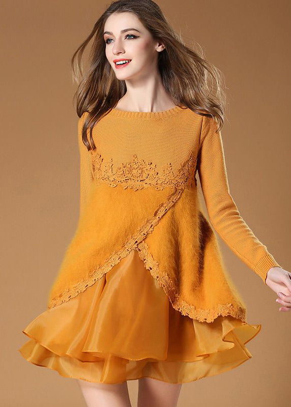 French Yellow Cross Connection Patchwork Organza Knit Dress Spring
