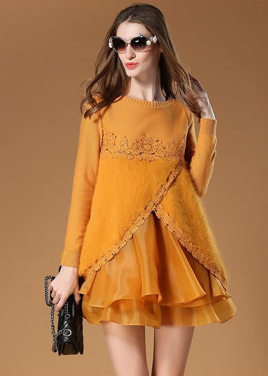 French Yellow Cross Connection Patchwork Organza Knit Dress Spring
