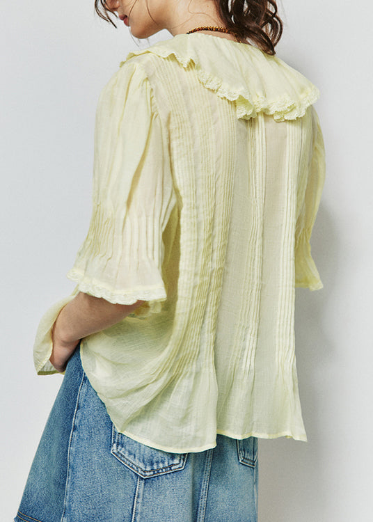 French Yellow Ruffled Lace Patchwork Linen Top Summer