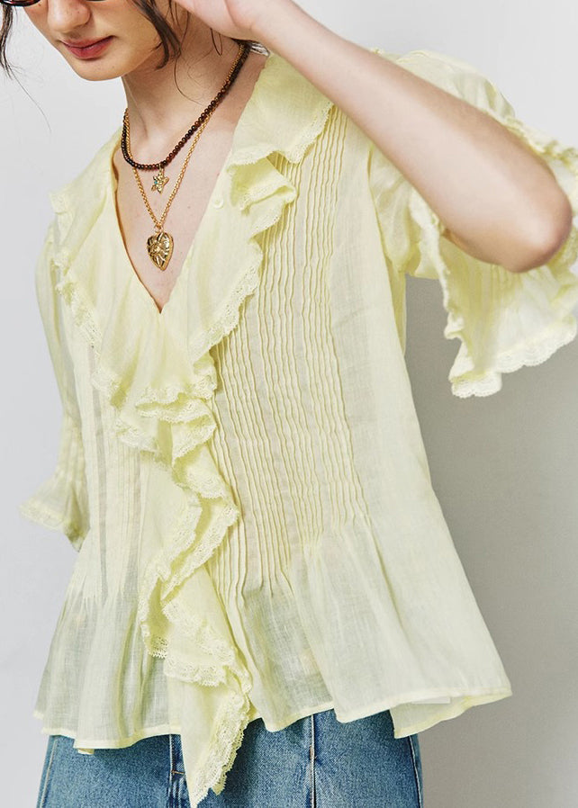 French Yellow Ruffled Lace Patchwork Linen Top Summer