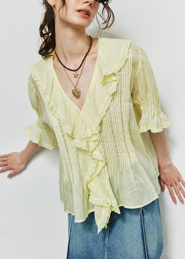 French Yellow Ruffled Lace Patchwork Linen Top Summer