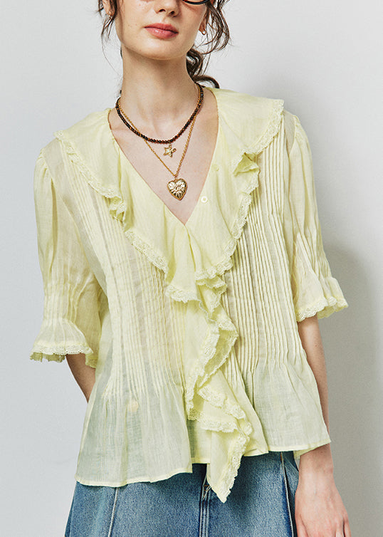 French Yellow Ruffled Lace Patchwork Linen Top Summer