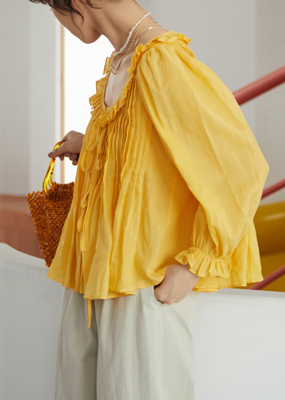 French Yellow Ruffled Patchwork Linen Shirt Top Summer