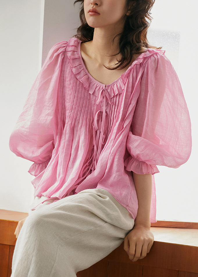 French Yellow Ruffled Patchwork Linen Shirt Top Summer