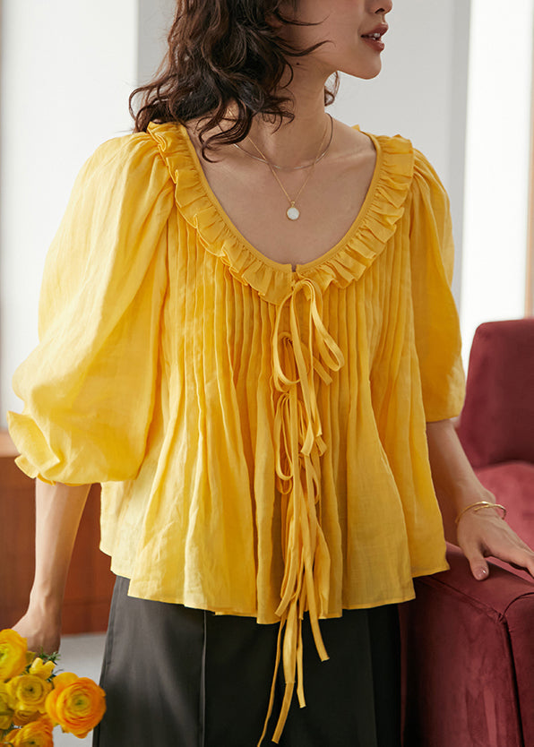 French Yellow Ruffled Patchwork Linen Shirt Top Summer