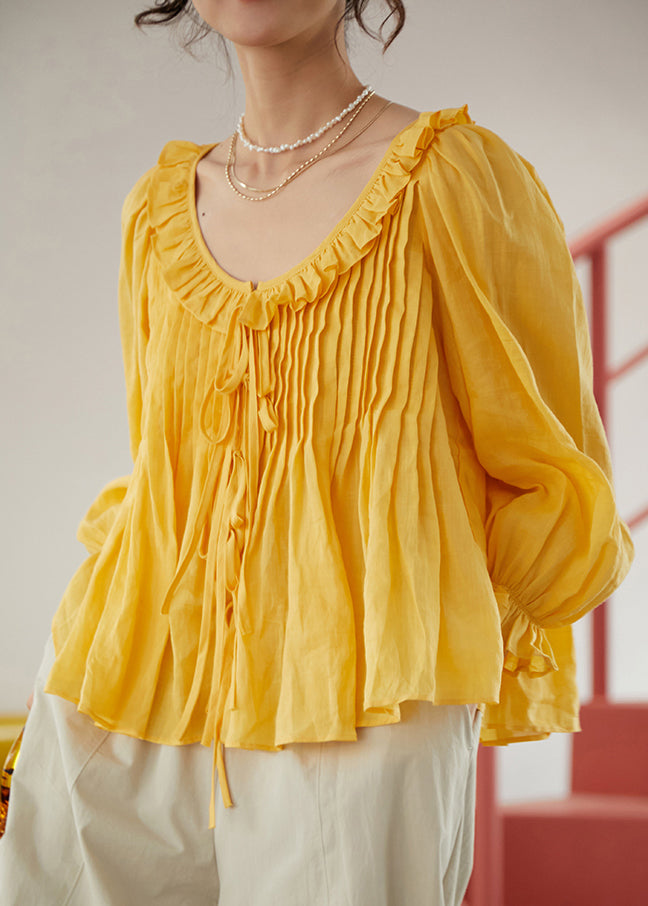 French Yellow Ruffled Patchwork Linen Shirt Top Summer