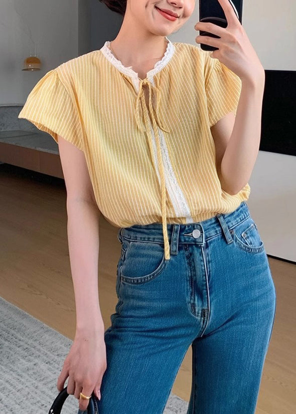 French Yellow Striped Lace Patchwork Cotton Shirt Summer