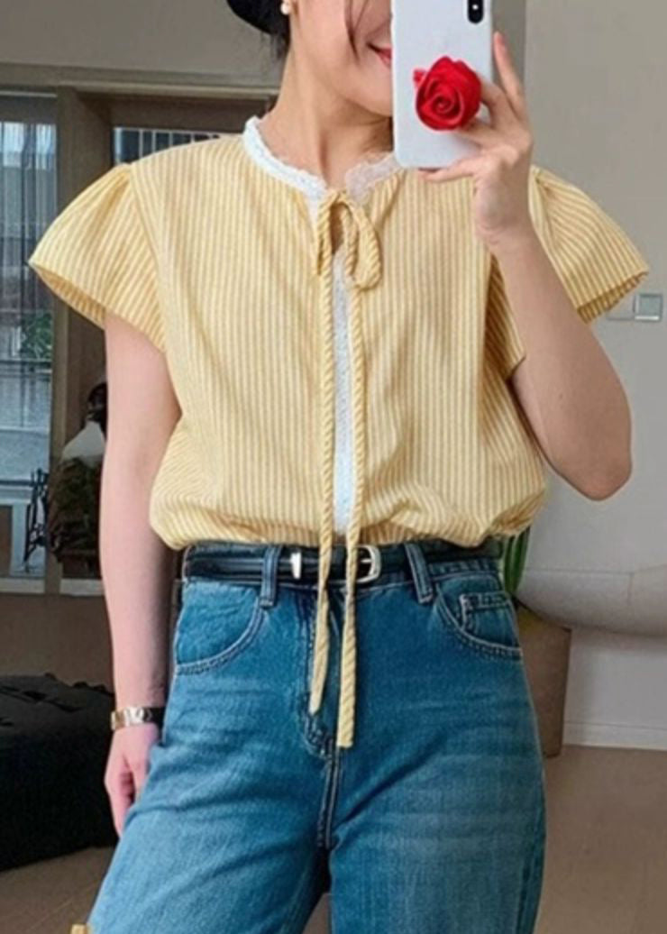 French Yellow Striped Lace Patchwork Cotton Shirt Summer