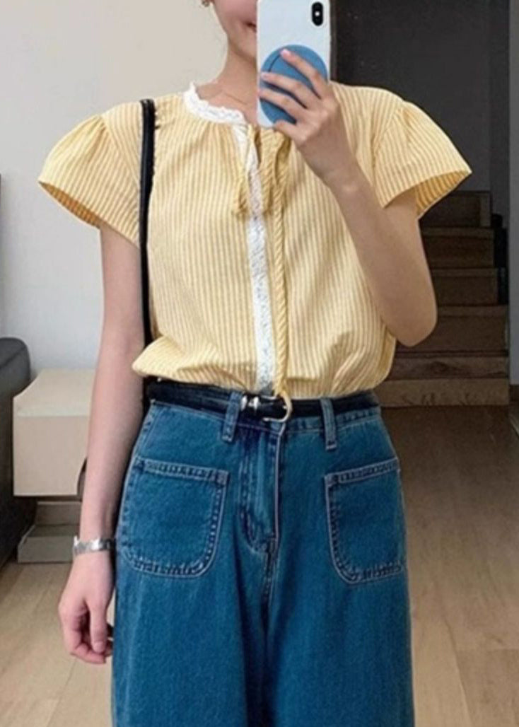 French Yellow Striped Lace Patchwork Cotton Shirt Summer