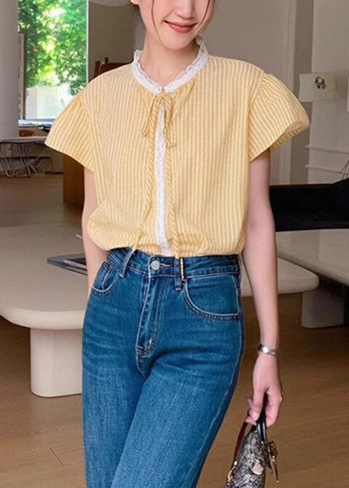 French Yellow Striped Lace Patchwork Cotton Shirt Summer