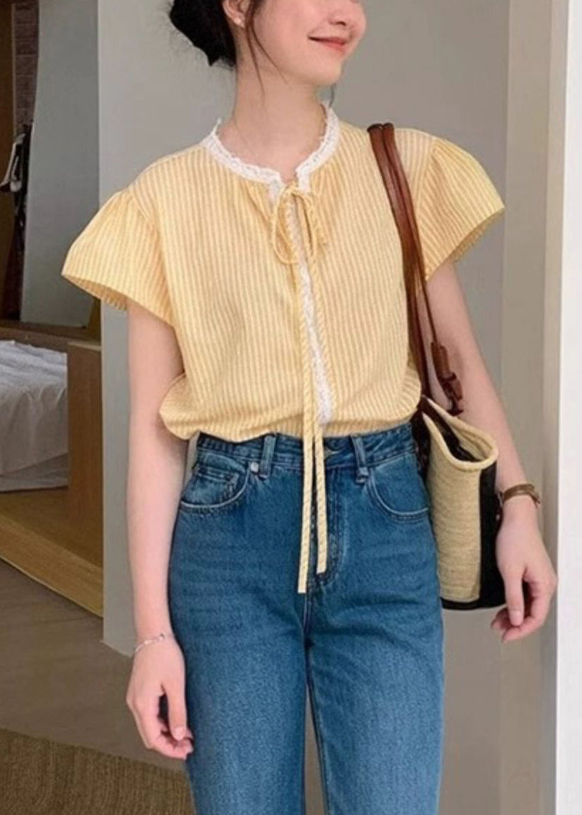French Yellow Striped Lace Patchwork Cotton Shirt Summer