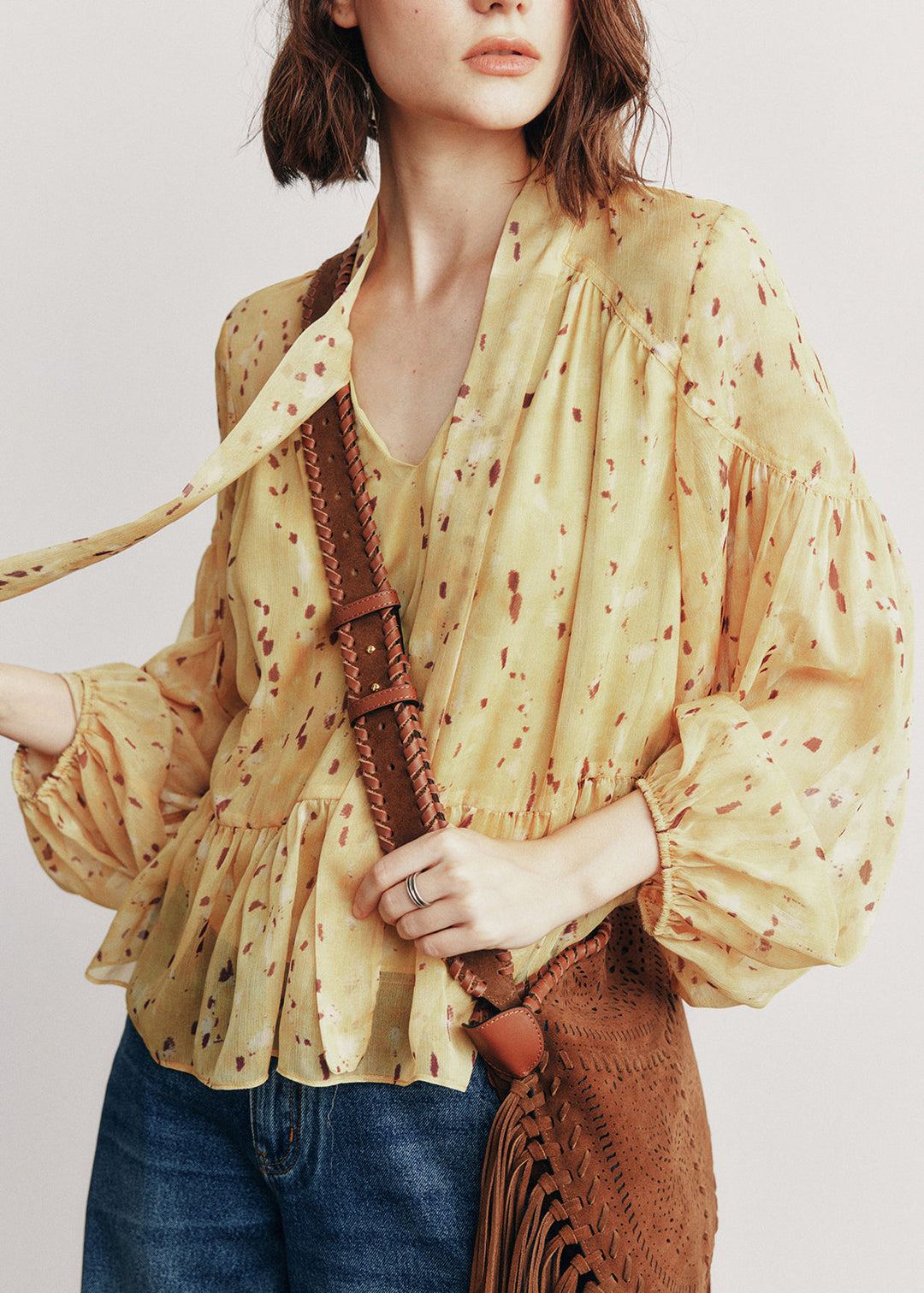 French Yellow V Neck Print Cotton Blouses Lantern Sleeve