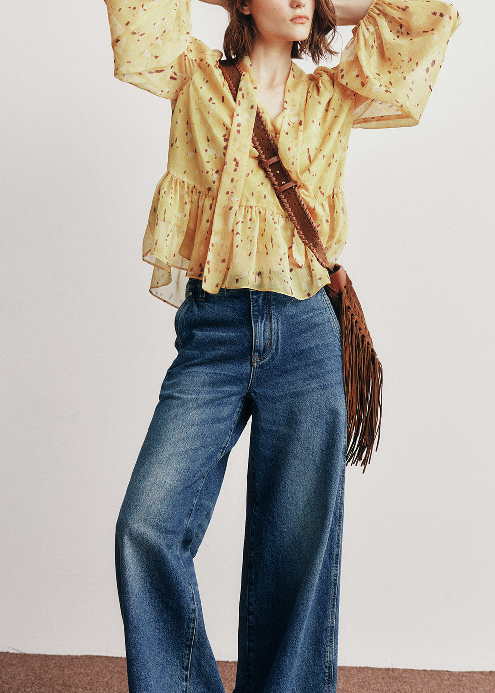 French Yellow V Neck Print Cotton Blouses Lantern Sleeve