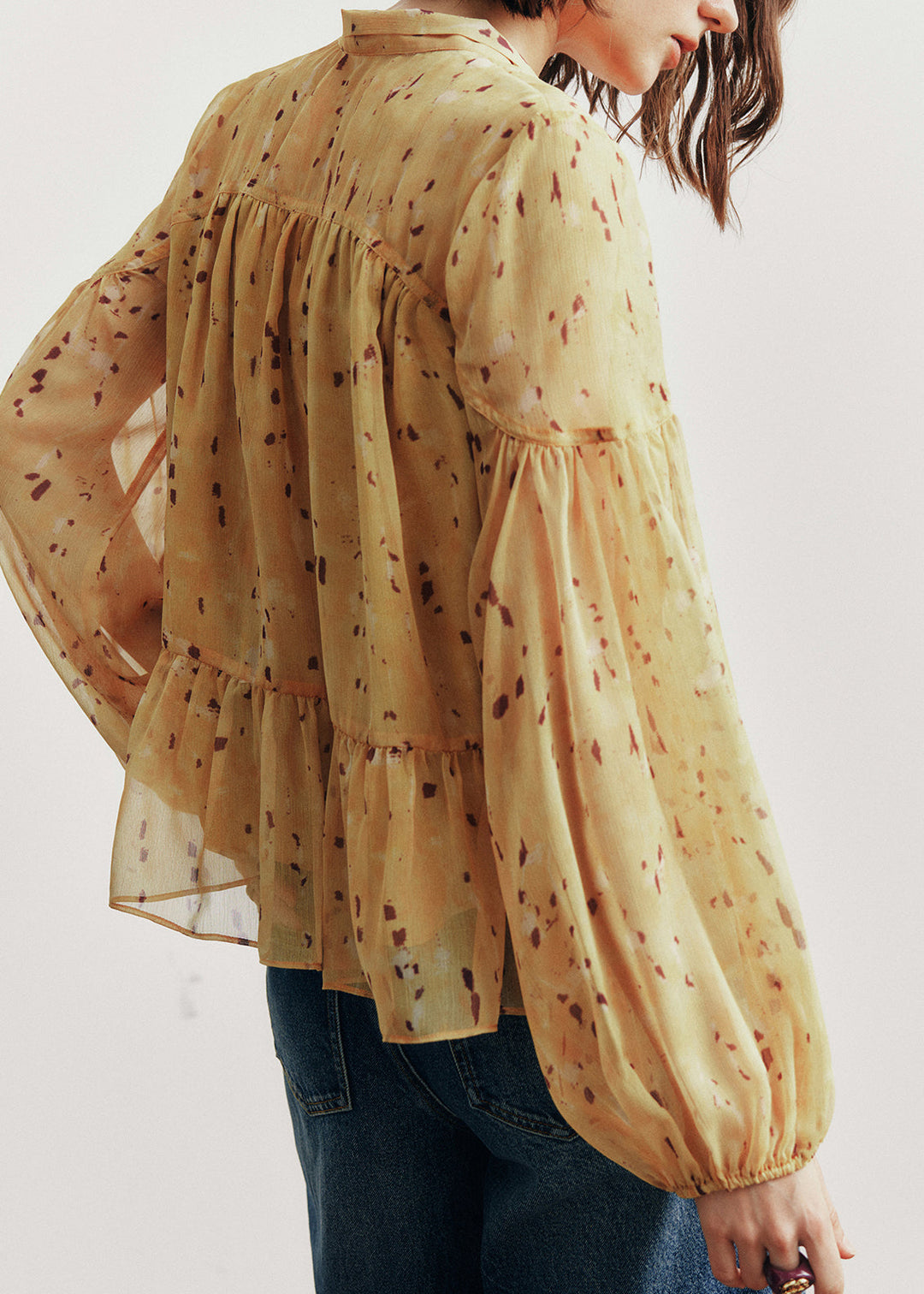 French Yellow V Neck Print Cotton Blouses Lantern Sleeve