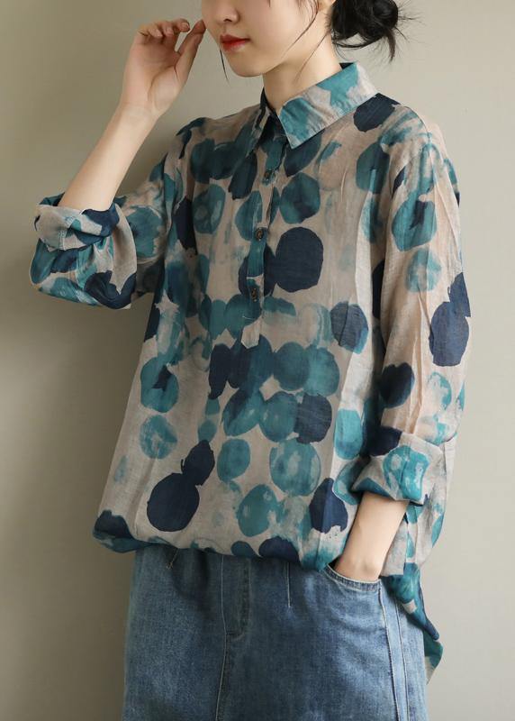 French Lapel Tunic Shirt Blue Dotted Blouses