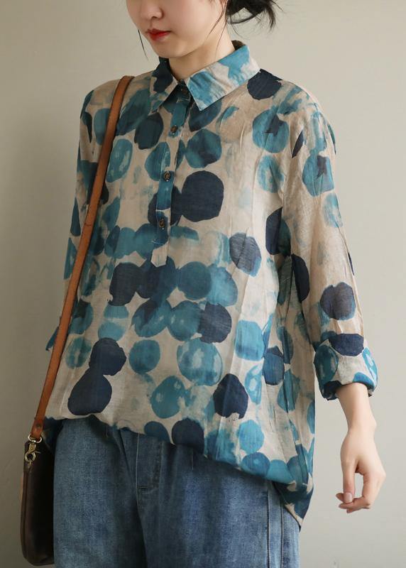 French Lapel Tunic Shirt Blue Dotted Blouses