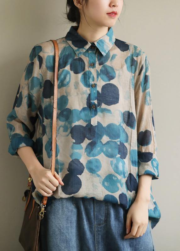 French Lapel Tunic Shirt Blue Dotted Blouses