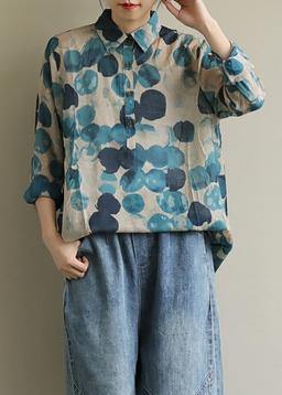 French Lapel Tunic Shirt Blue Dotted Blouses