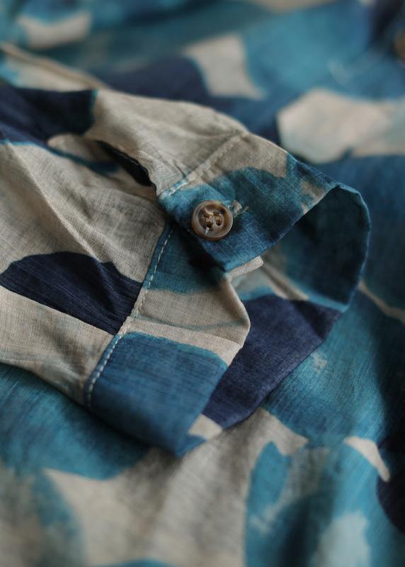 French Lapel Tunic Shirt Blue Dotted Blouses