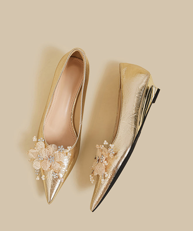 Gold Faux Leather Floral Splicing Wedge Shoes Pointed Toe