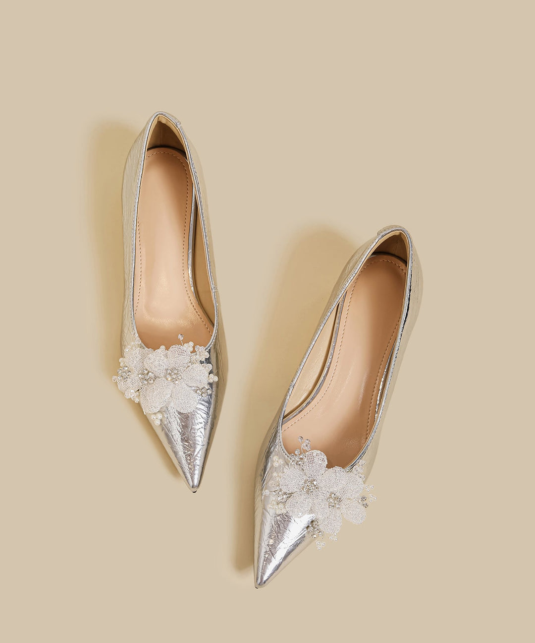 Gold Faux Leather Floral Splicing Wedge Shoes Pointed Toe