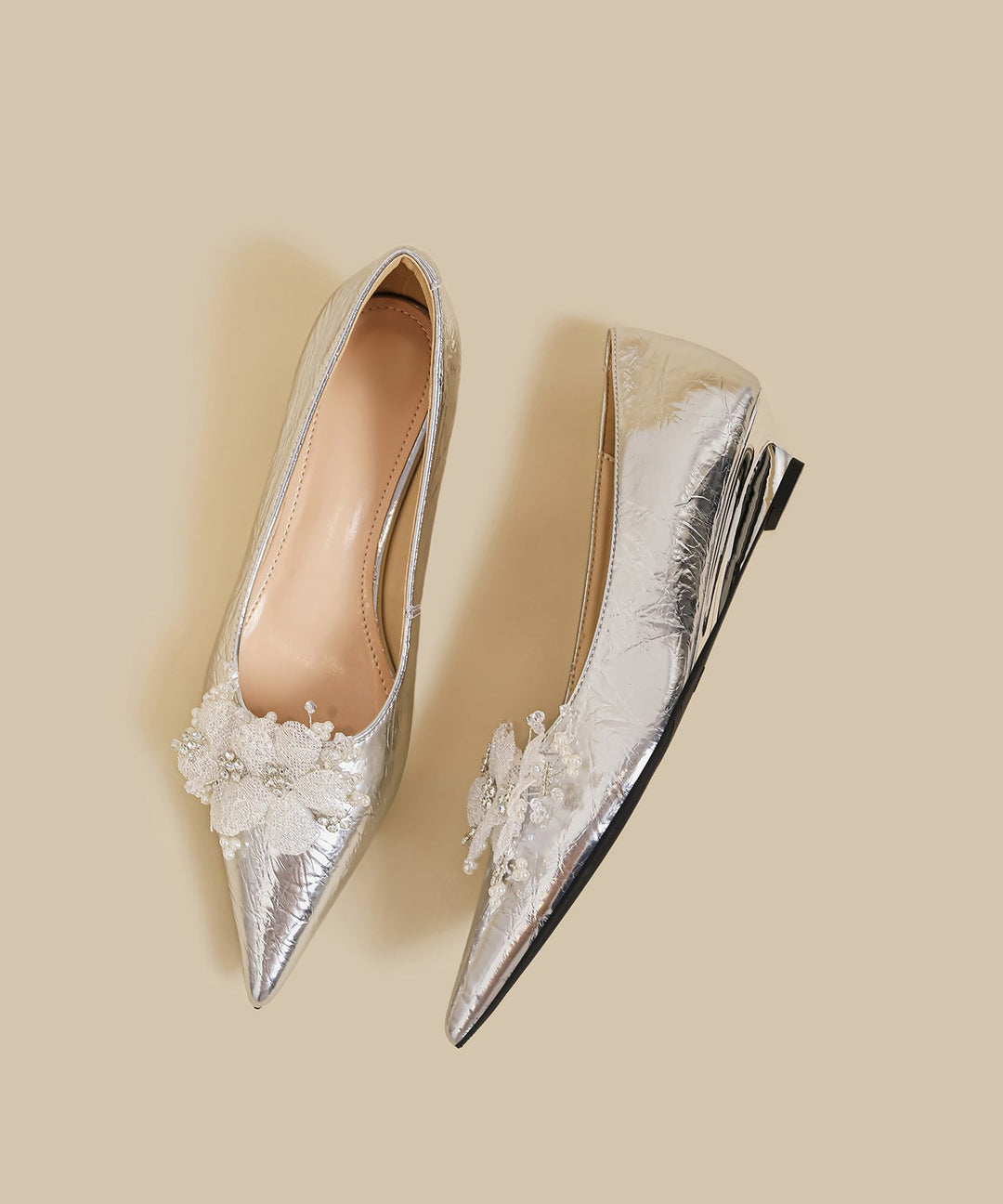 Gold Faux Leather Floral Splicing Wedge Shoes Pointed Toe