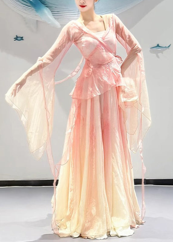 Gradient Color Pink V Neck Silk Top And Maxi Skirts Two Pieces Set Flare Sleeve