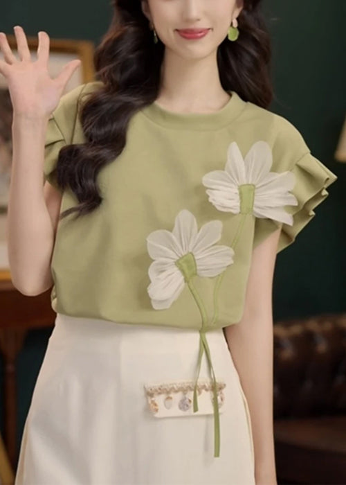 Green Floral Patchwork Solid Cotton Summer T Shirt O Neck