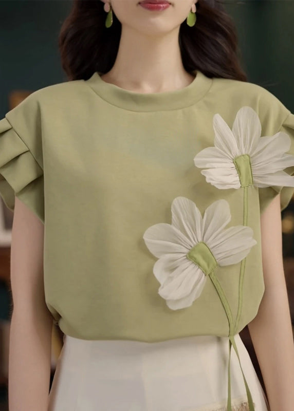 Green Floral Patchwork Solid Cotton Summer T Shirt O Neck