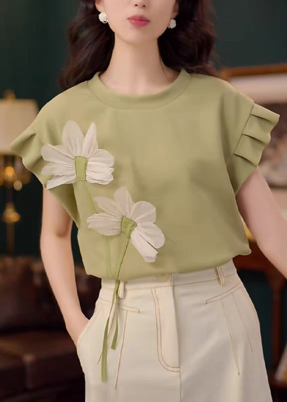 Green Floral Patchwork Solid Cotton Summer T Shirt O Neck