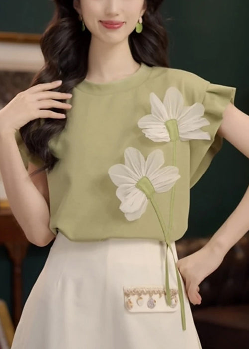Green Floral Patchwork Solid Cotton Summer T Shirt O Neck