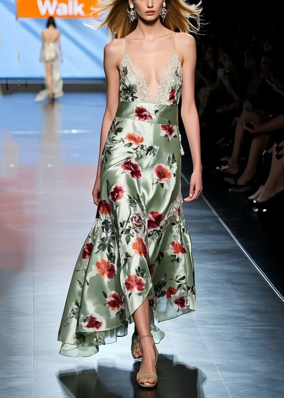 Green Floral Silk Vestidos Dresses Exra Large Hem Summer