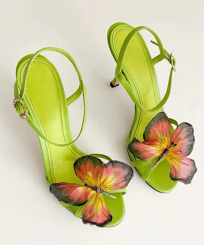 Green High Heels Cowhide Leather Sandals Fashion Splicing Butterfly