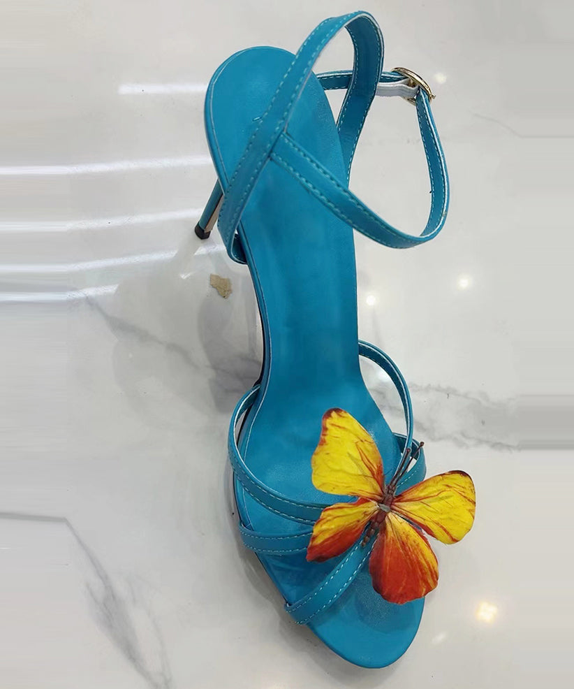 Green High Heels Cowhide Leather Sandals Fashion Splicing Butterfly