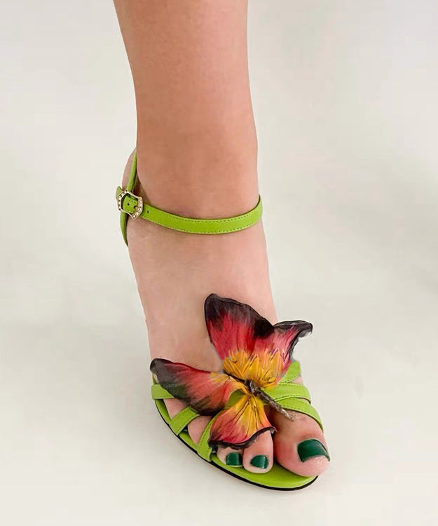 Green High Heels Cowhide Leather Sandals Fashion Splicing Butterfly