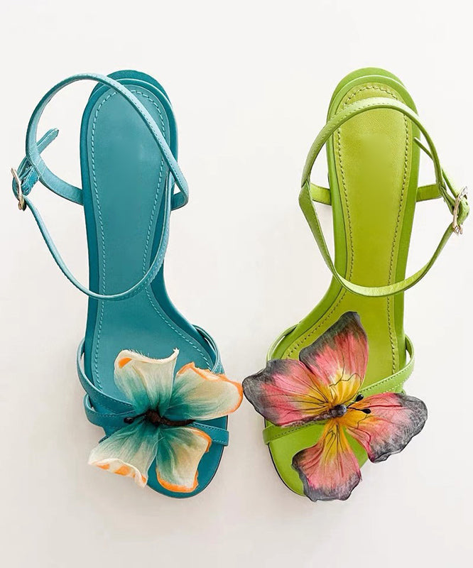 Green High Heels Cowhide Leather Sandals Fashion Splicing Butterfly
