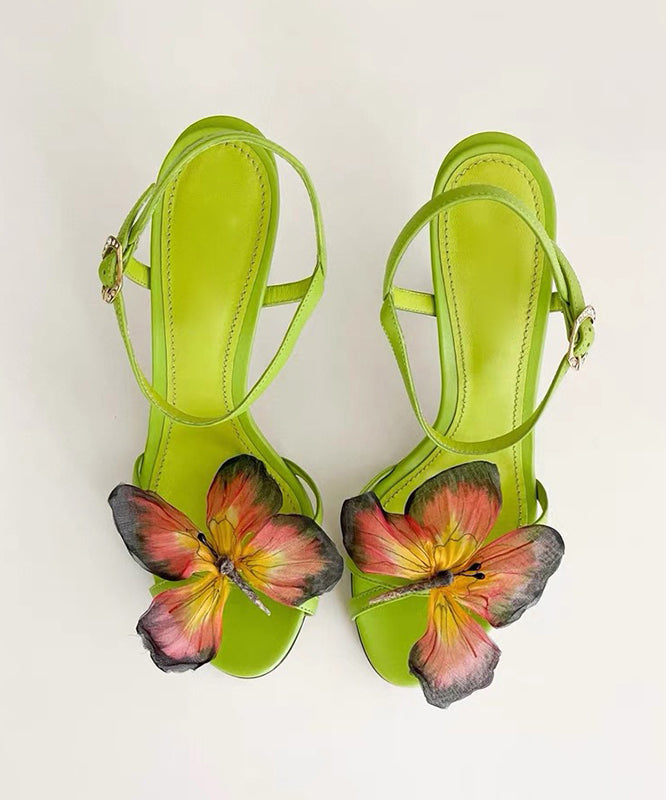Green High Heels Cowhide Leather Sandals Fashion Splicing Butterfly
