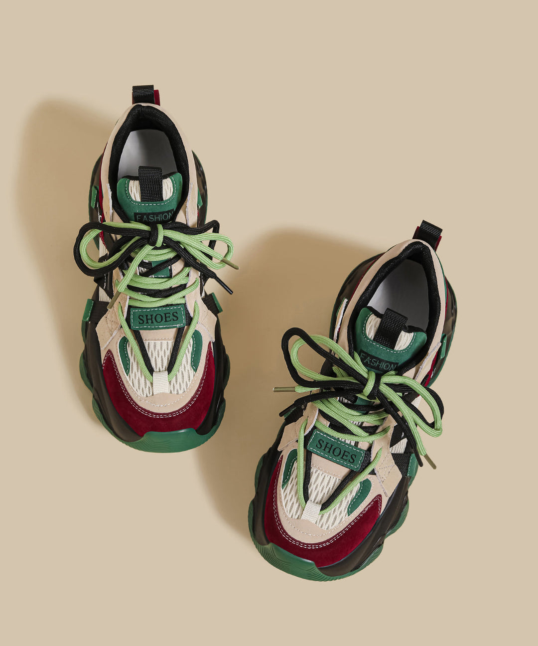 Green Platform Sport Shoes Faux Leather Soft Splicing Breathable Mesh