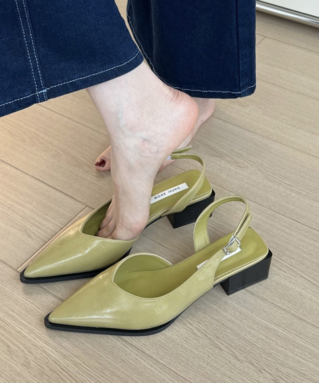 Green Splicing Chunky Sandals Faux Leather Pointed Toe