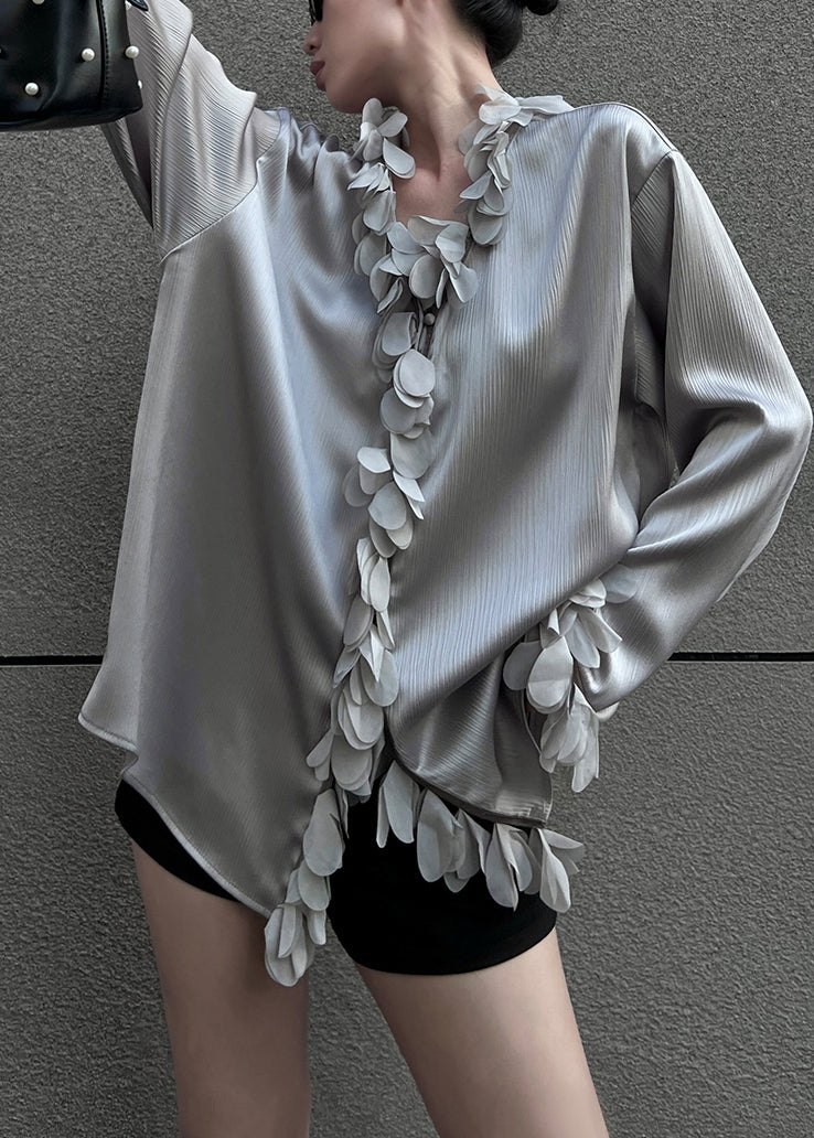 Grey Solid Loose Cotton Blouses V Neck Petal Sleeve