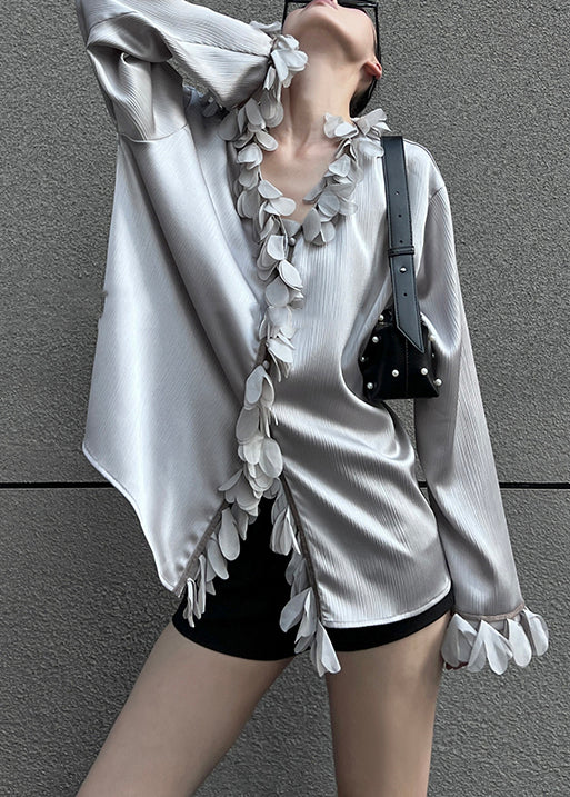 Grey Solid Loose Cotton Blouses V Neck Petal Sleeve