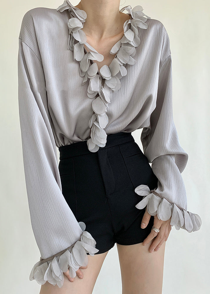 Grey Solid Loose Cotton Blouses V Neck Petal Sleeve
