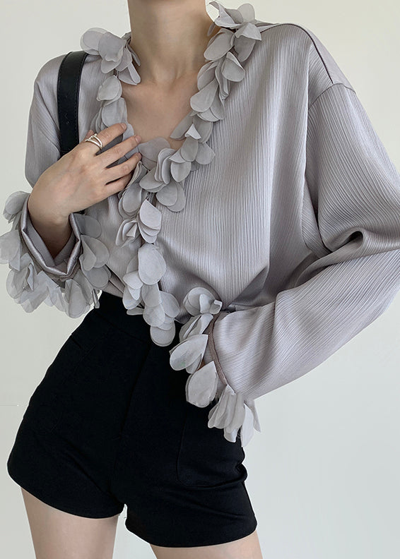Grey Solid Loose Cotton Blouses V Neck Petal Sleeve